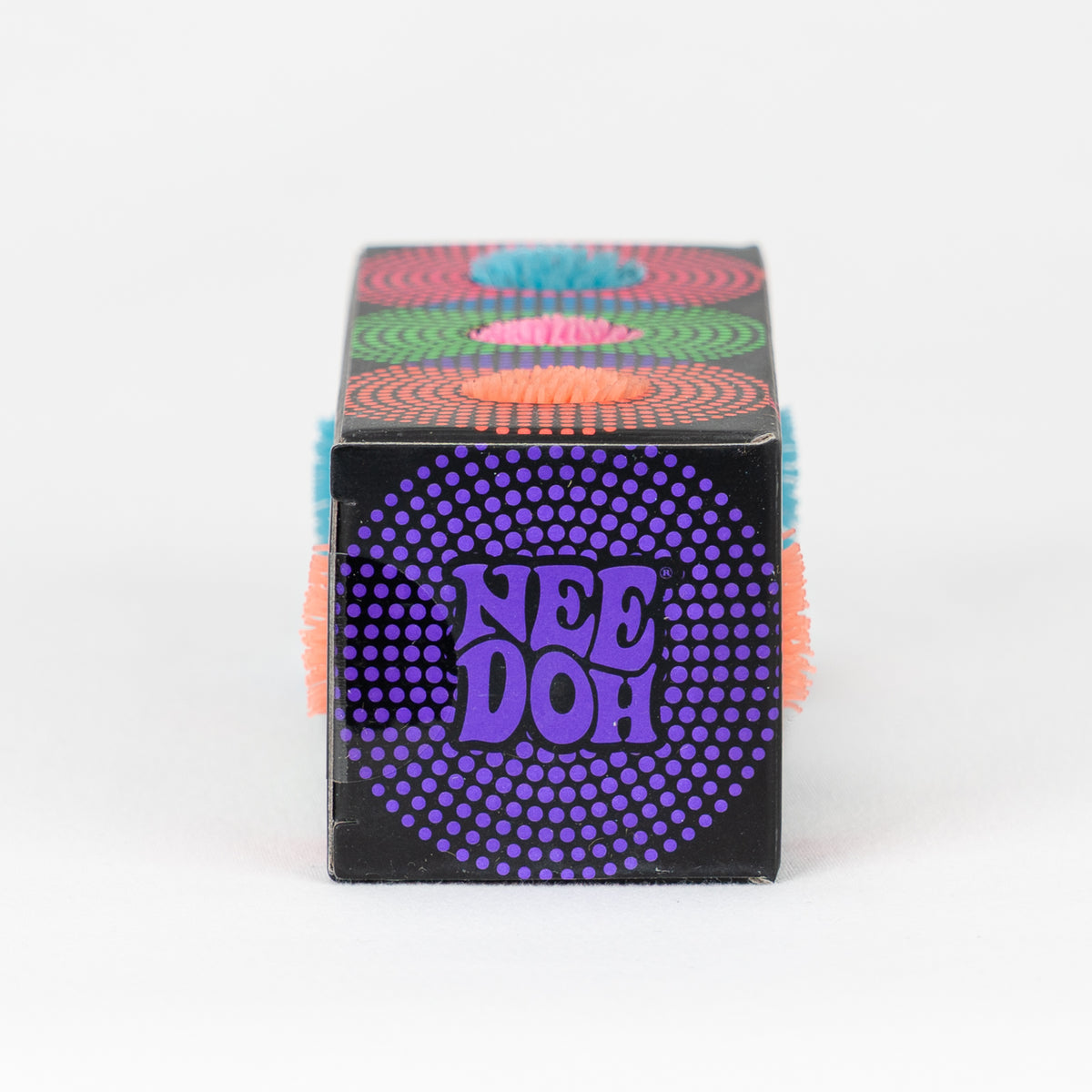 NeeDoh Teenie Fuzz Ball 3-Pack, side panel of retail packaging.