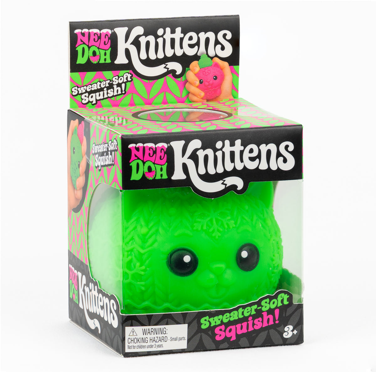 NeeDoh Knittens Sweater-Soft Squish - Green, angled front view of retail packaging.