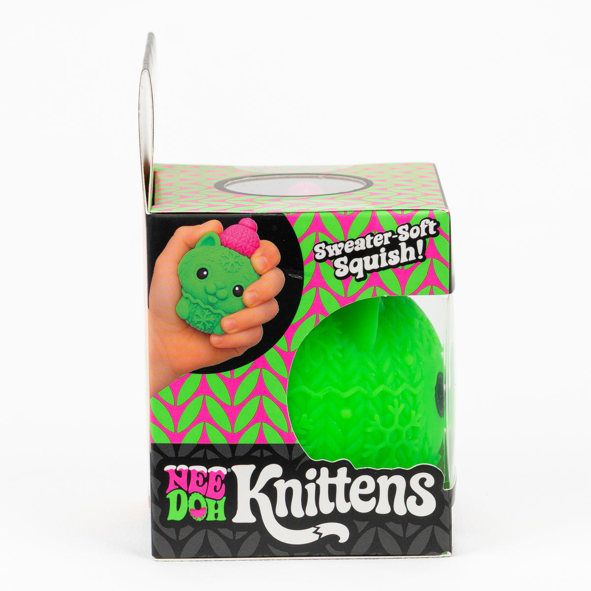 NeeDoh Knittens Sweater-Soft Squish, side panel of retail packaging.