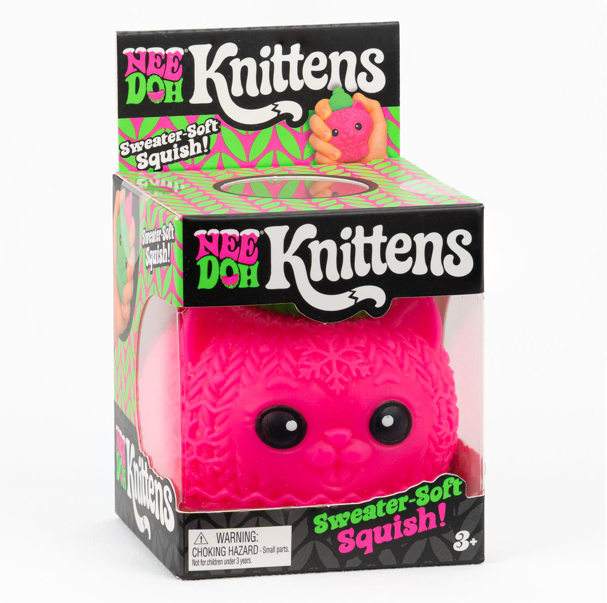 NeeDoh Knittens Sweater-Soft Squish - Pink, angled front view of retail packaging.