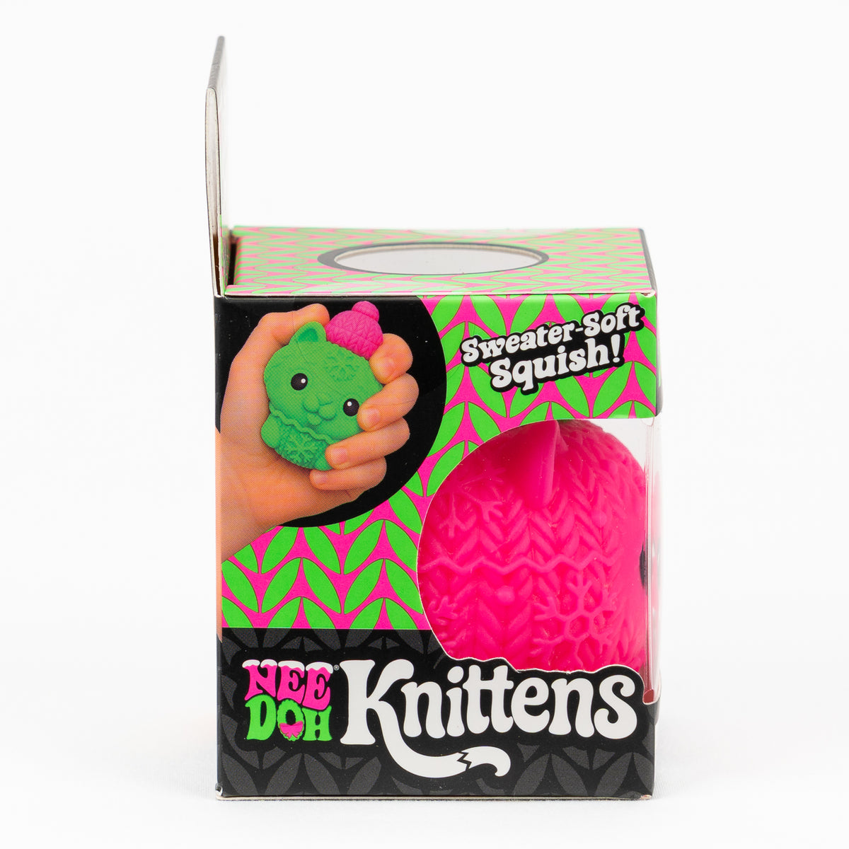 NeeDoh Knittens Sweater-Soft Squish, side panel of retail packaging.