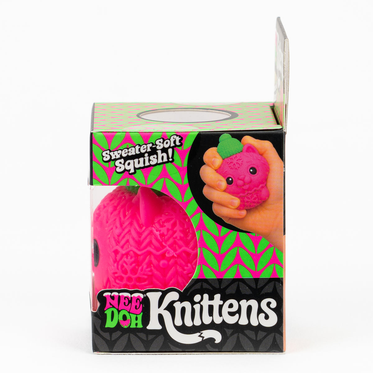NeeDoh Knittens Sweater-Soft Squish, opposite side panel of retail packaging.