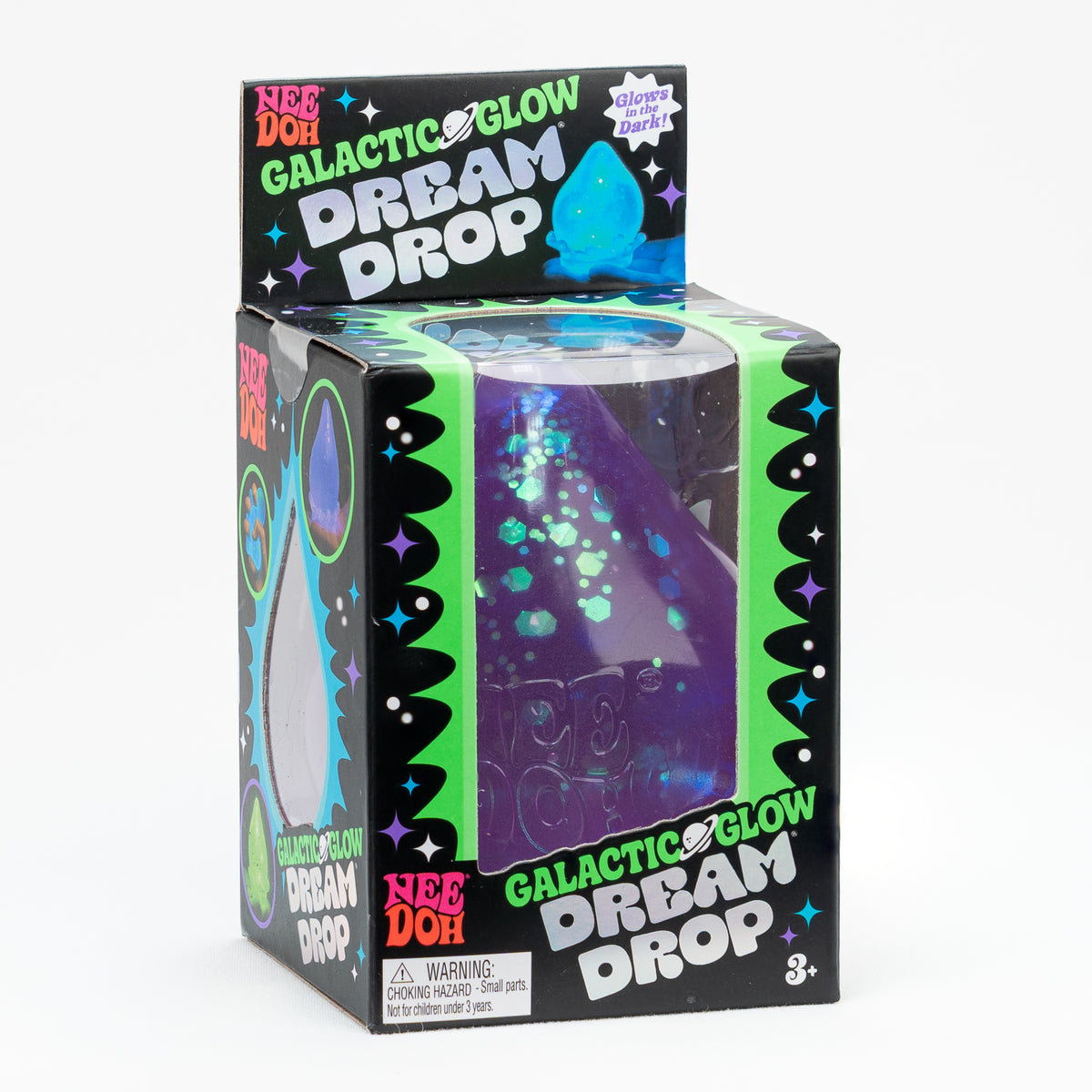 NeeDoh Galactic Glow Dream Drop - Purple, angled front view of retail packaging.