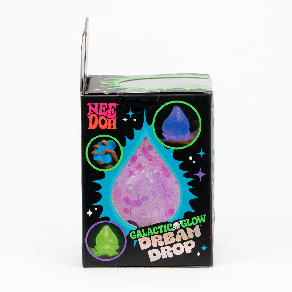 NeeDoh Galactic Glow Dream Drop, side panel of retail packaging.