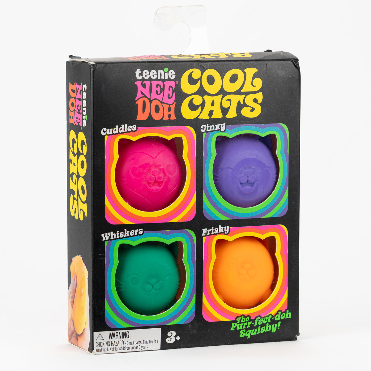 NeeDoh Teenie Cool Cats 4-Pack, angled front view of retail packaging.