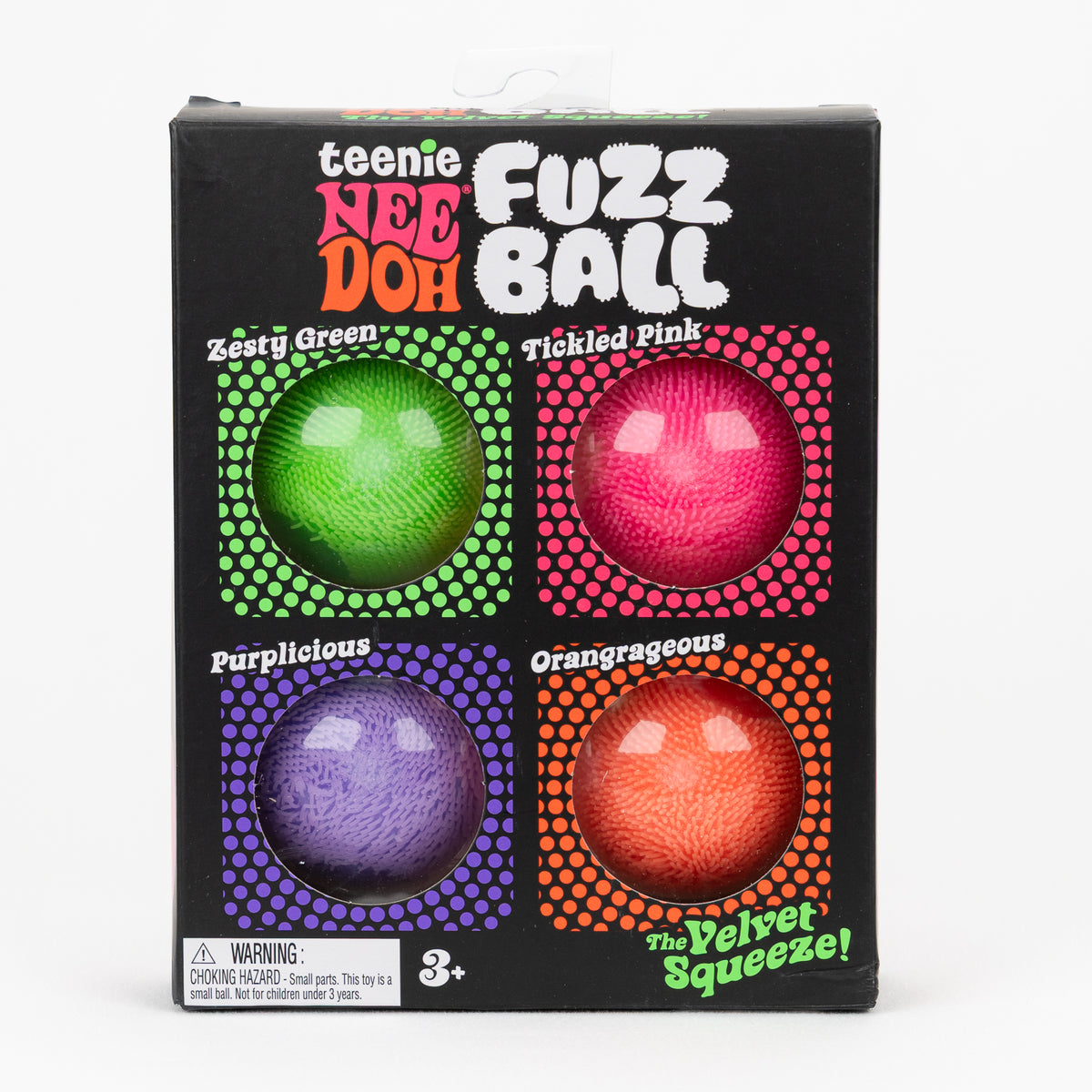 Teenie Fuzz Ball - 4 Pack — product and retail packaging; assortment example, color/style supplied based on availability