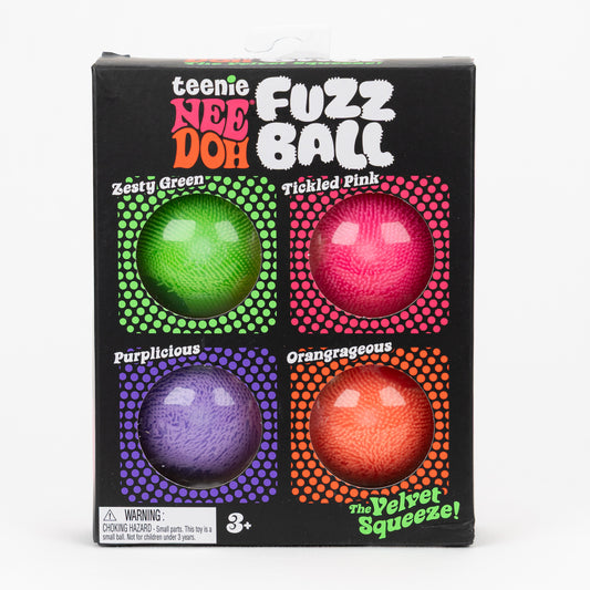 Teenie Fuzz Ball - 4 Pack — product and retail packaging; assortment example, color/style supplied based on availability