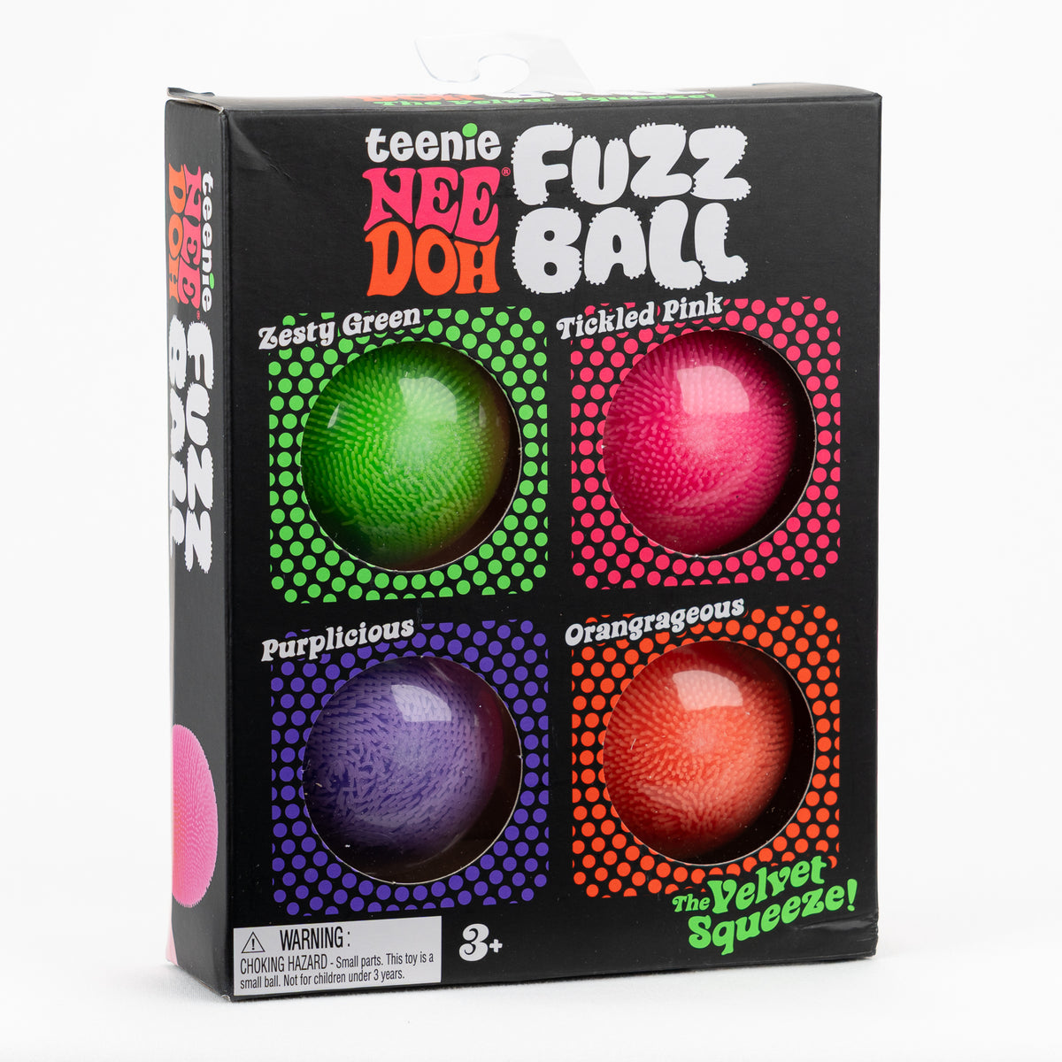 NeeDoh Teenie Fuzz Ball 4-Pack, angled front view of retail packaging.