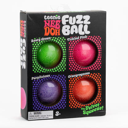 NeeDoh Teenie Fuzz Ball 4-Pack, angled front view of retail packaging.