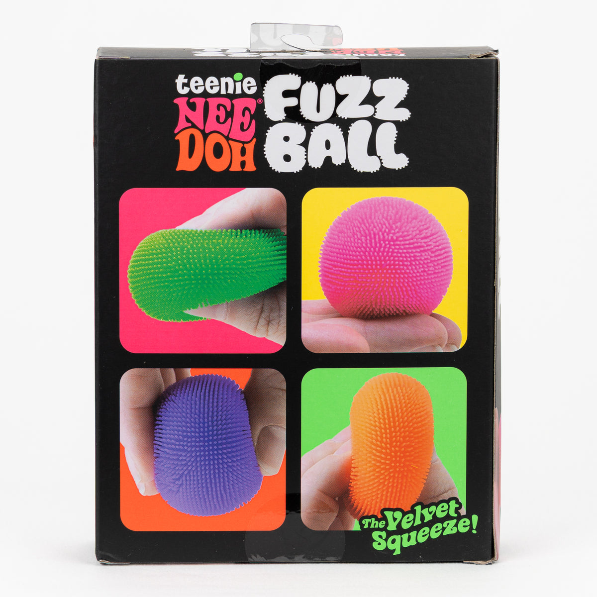 NeeDoh Teenie Fuzz Ball 4-Pack, back panel with package artwork.