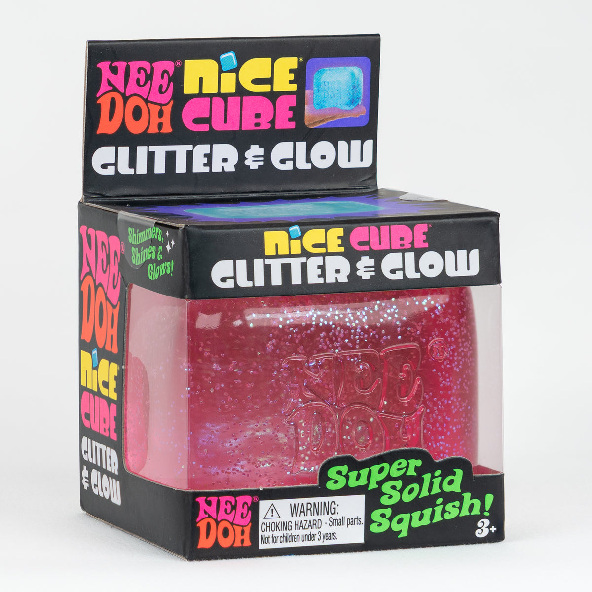 NeeDoh Nice Cube Glitter Glow - Pink, angled front view of retail packaging.
