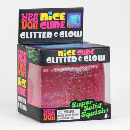 NeeDoh Nice Cube Glitter Glow - Pink, angled front view of retail packaging.