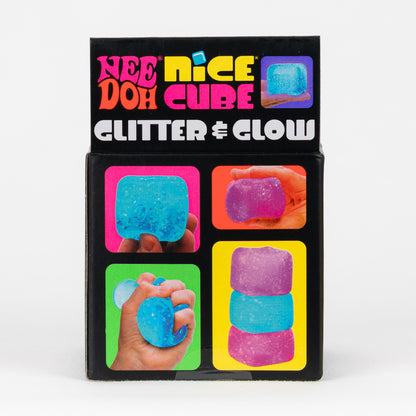 NeeDoh Nice Cube Glitter & Glow, back panel with package artwork.
