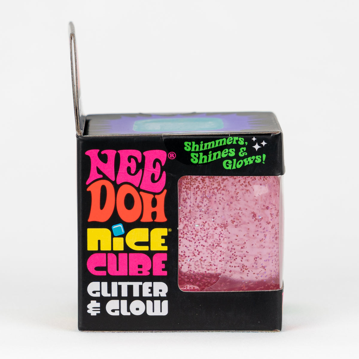 NeeDoh Nice Cube Glitter & Glow, side panel of retail packaging.