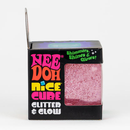 NeeDoh Nice Cube Glitter & Glow, side panel of retail packaging.