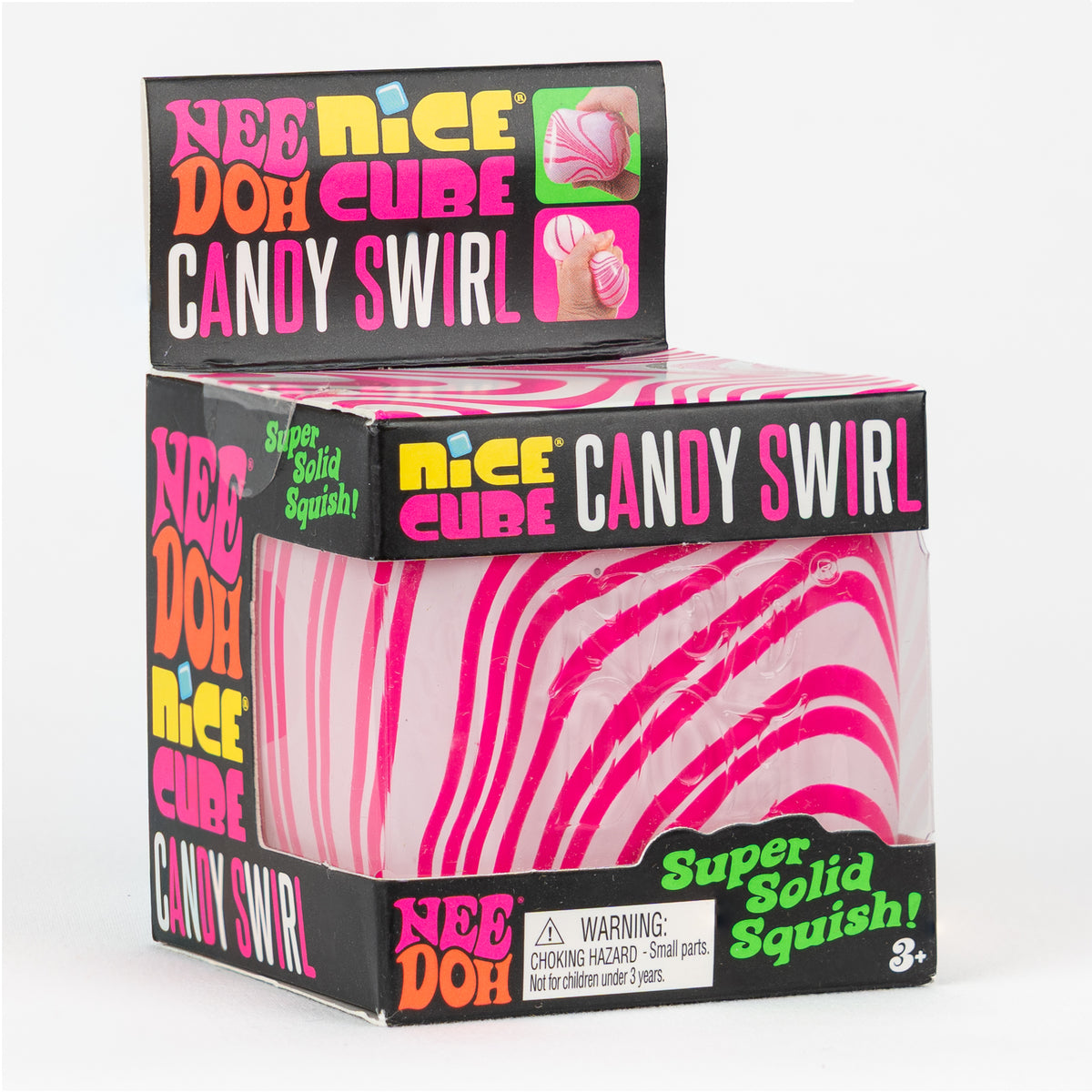 NeeDoh Nice Cube Candy Swirl, angled front view of retail packaging.