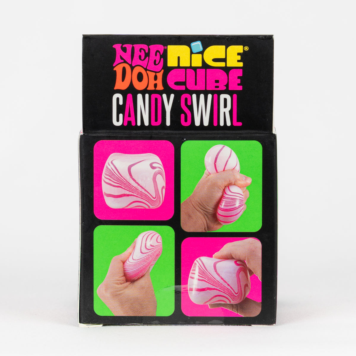 NeeDoh Nice Cube Candy Swirl, back panel with package artwork.