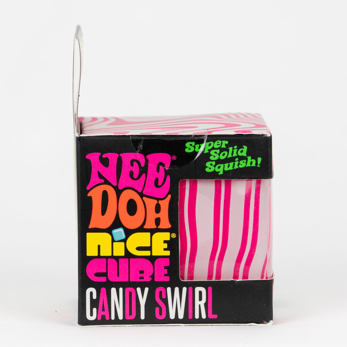 NeeDoh Nice Cube Candy Swirl, side panel of retail packaging.