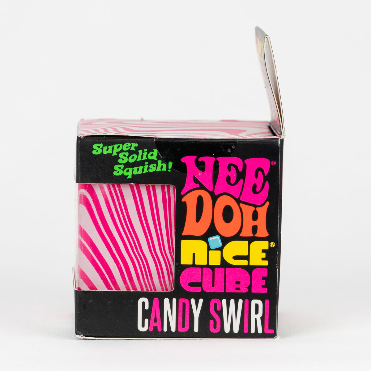 NeeDoh Nice Cube Candy Swirl, opposite side panel of retail packaging.