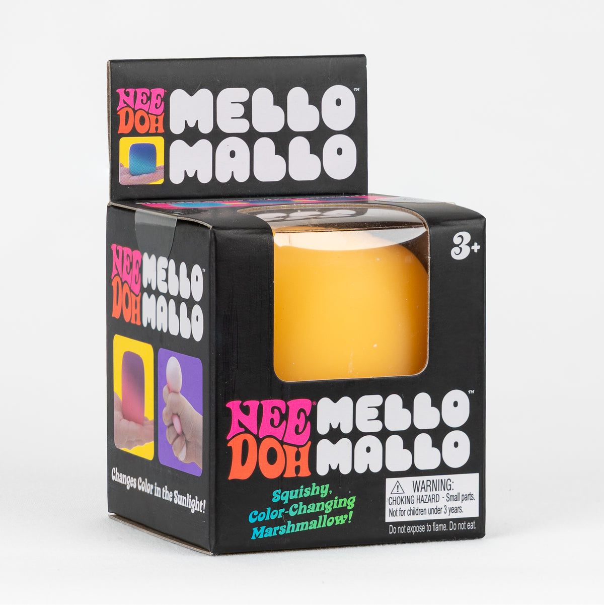 NeeDoh Mello Mallo - Yellow, angled front view of retail packaging.