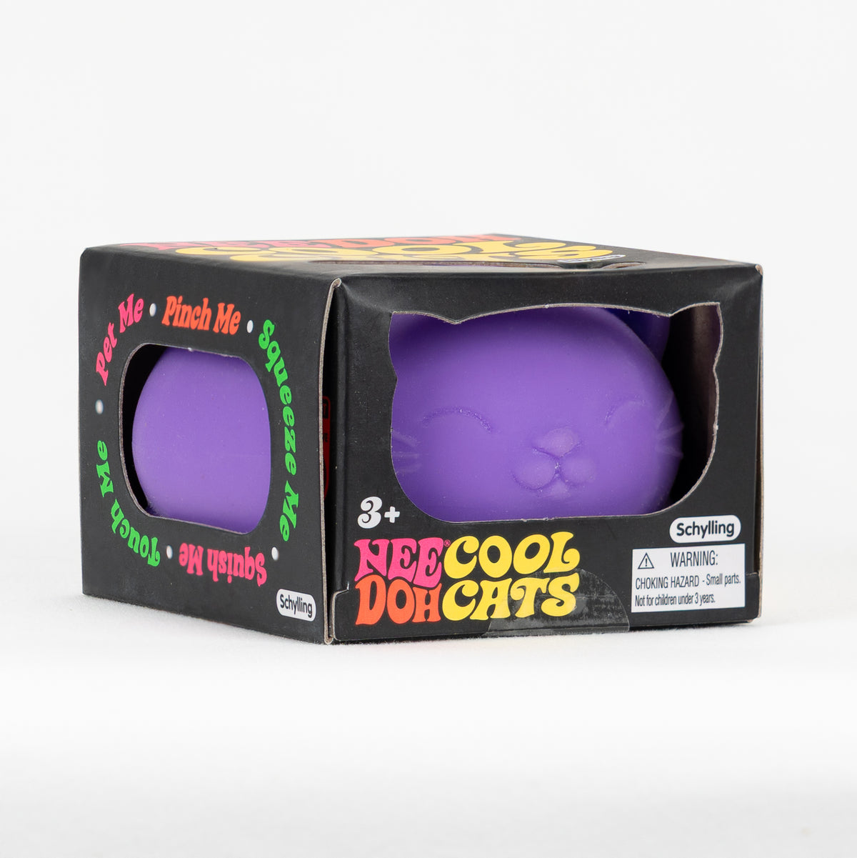 NeeDoh Cool Cats - Purple, angled front view of retail packaging.