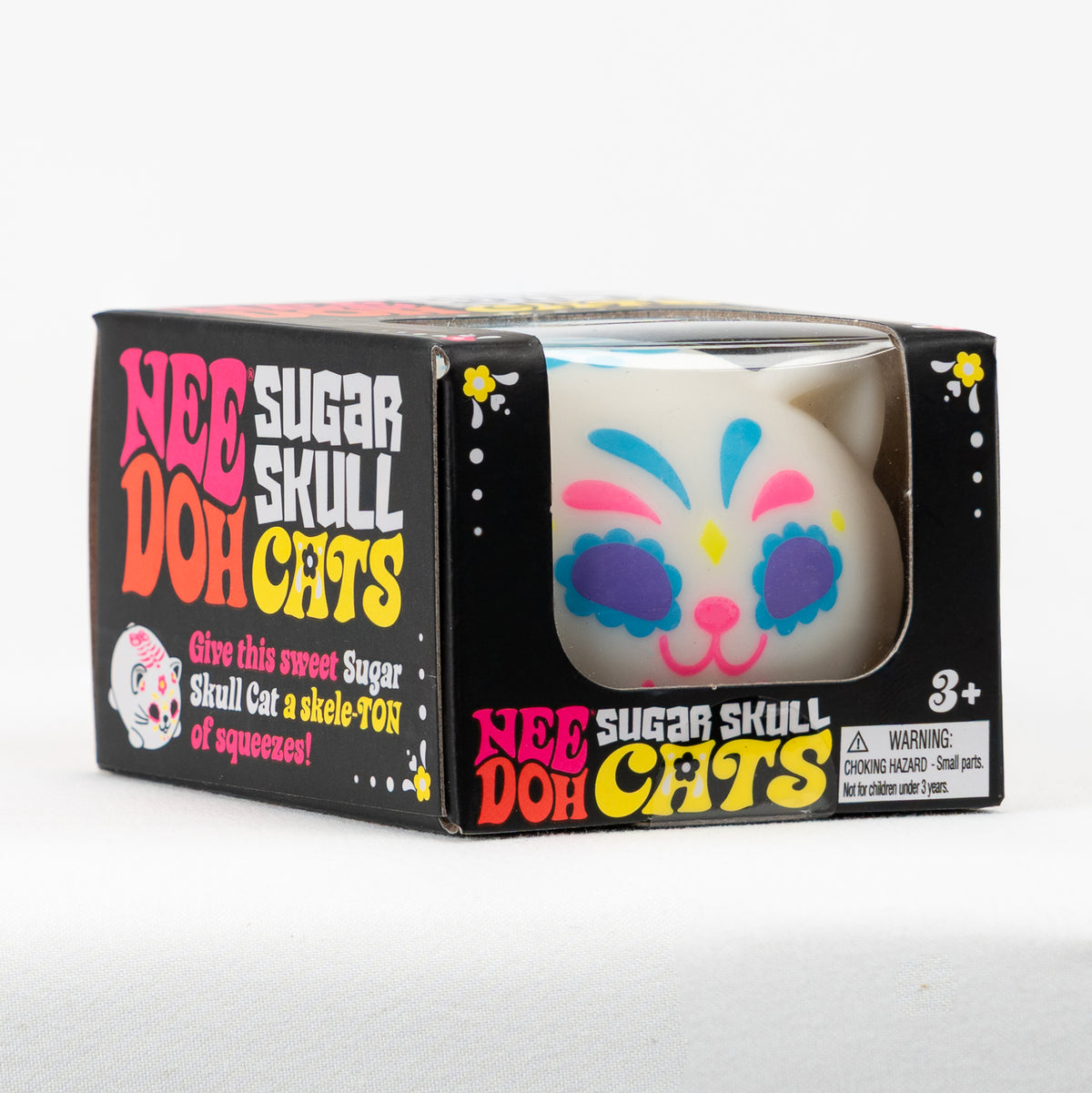 NeeDoh Sugar Skull Doh Cats - Blue, angled front view of retail packaging.
