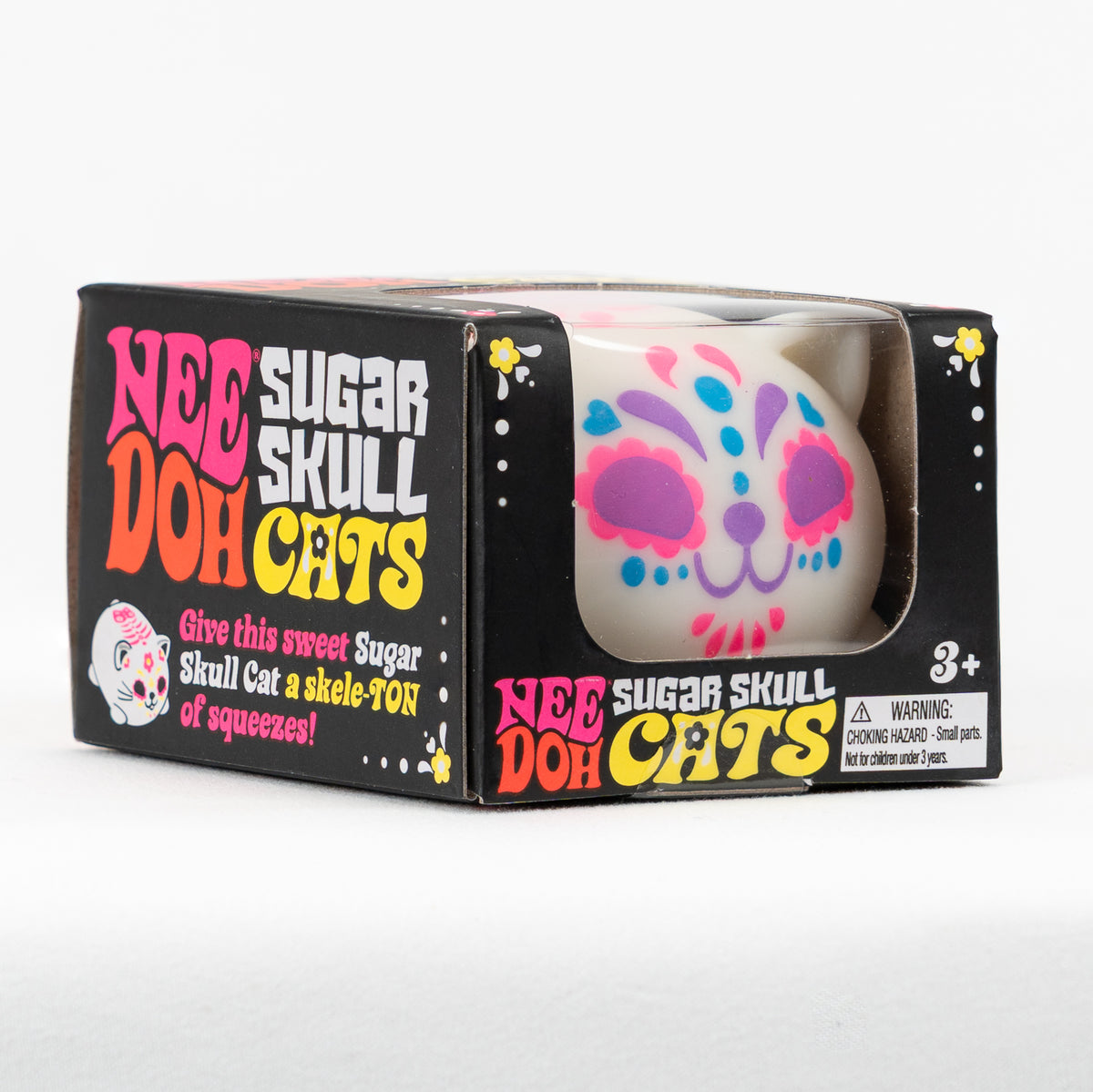 NeeDoh Sugar Skull Doh Cats - Pink, angled front view of retail packaging.