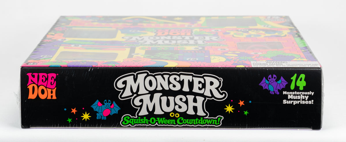 NeeDoh Monster Mush 14-Piece Halloween Countdown, narrow side of retail packaging.
