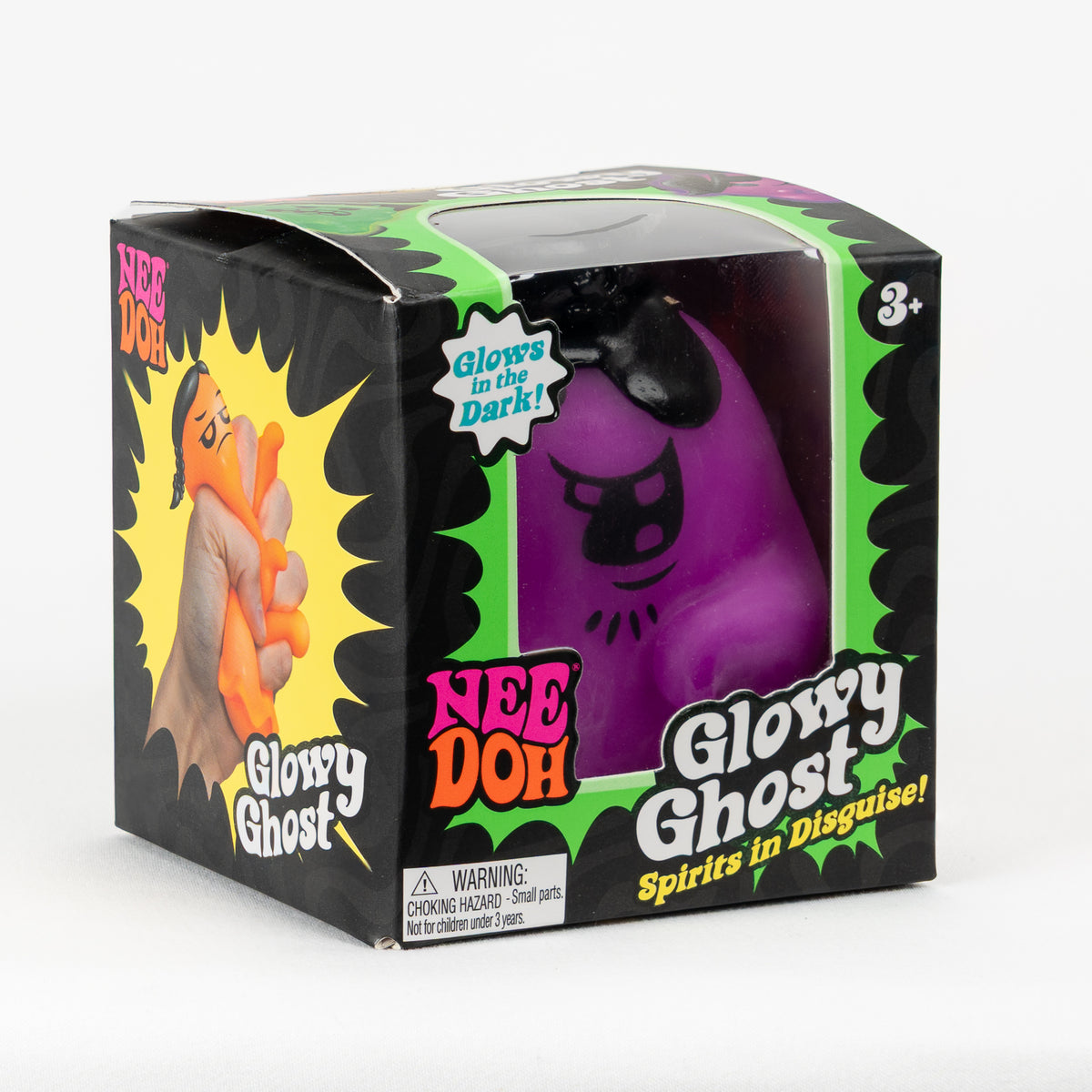NeeDoh Glowy Ghost - Purple Pirate, angled front view of retail packaging.