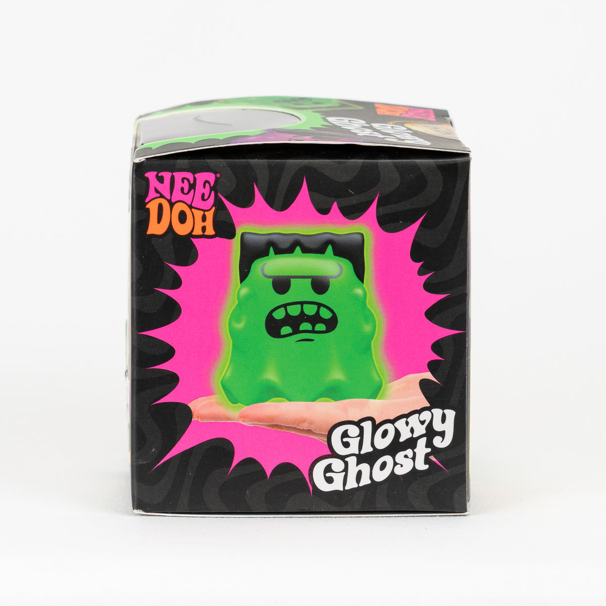 NeeDoh Glowy Ghost, opposite side panel of retail packaging.