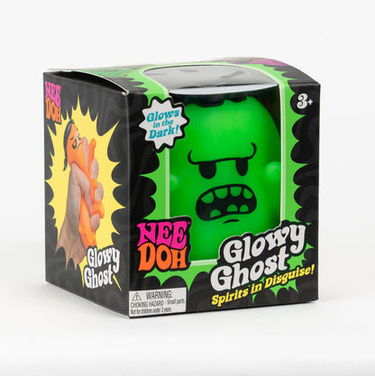 NeeDoh Glowy Ghost - Green Monster, angled front view of retail packaging.