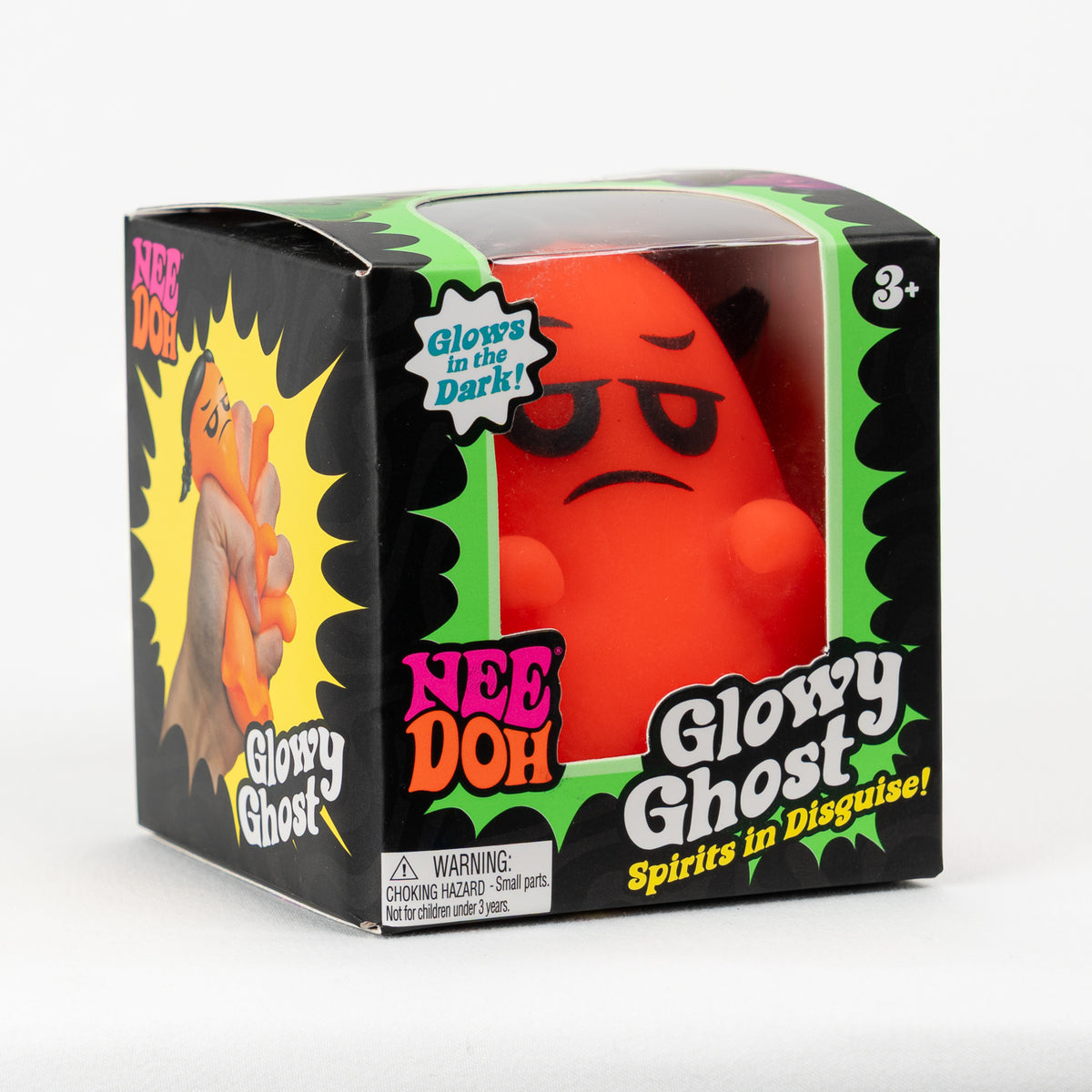 NeeDoh Glowy Ghost - Orange Witch, angled front view of retail packaging.