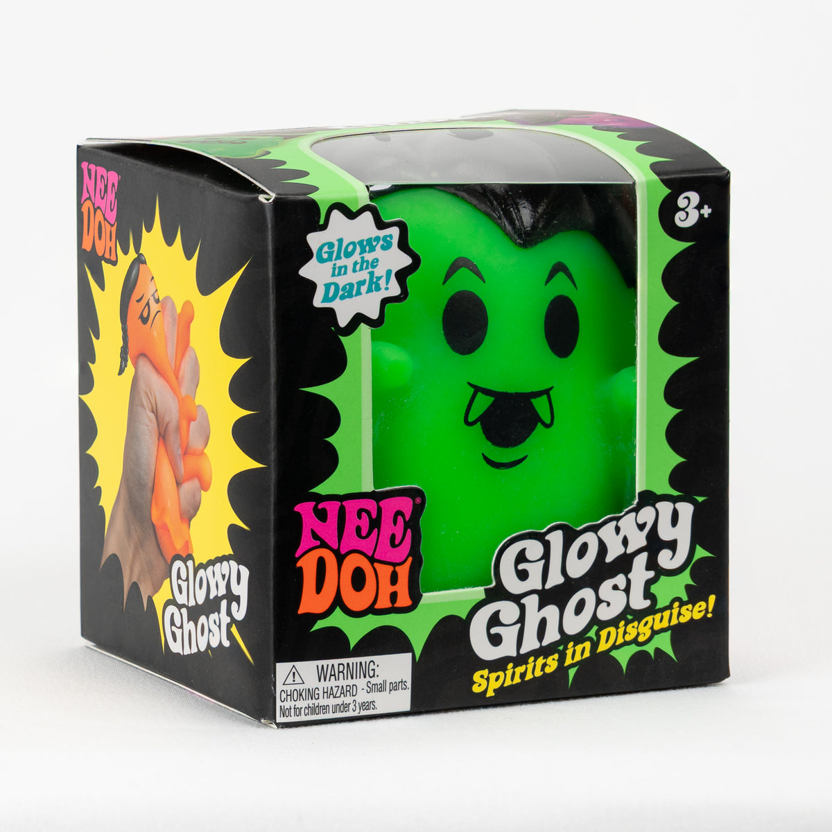 NeeDoh Glowy Ghost - Green Vampire, angled front view of retail packaging.