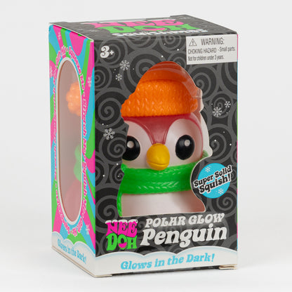 NeeDoh Polar Glow Penguin - Pink, angled front view of retail packaging.