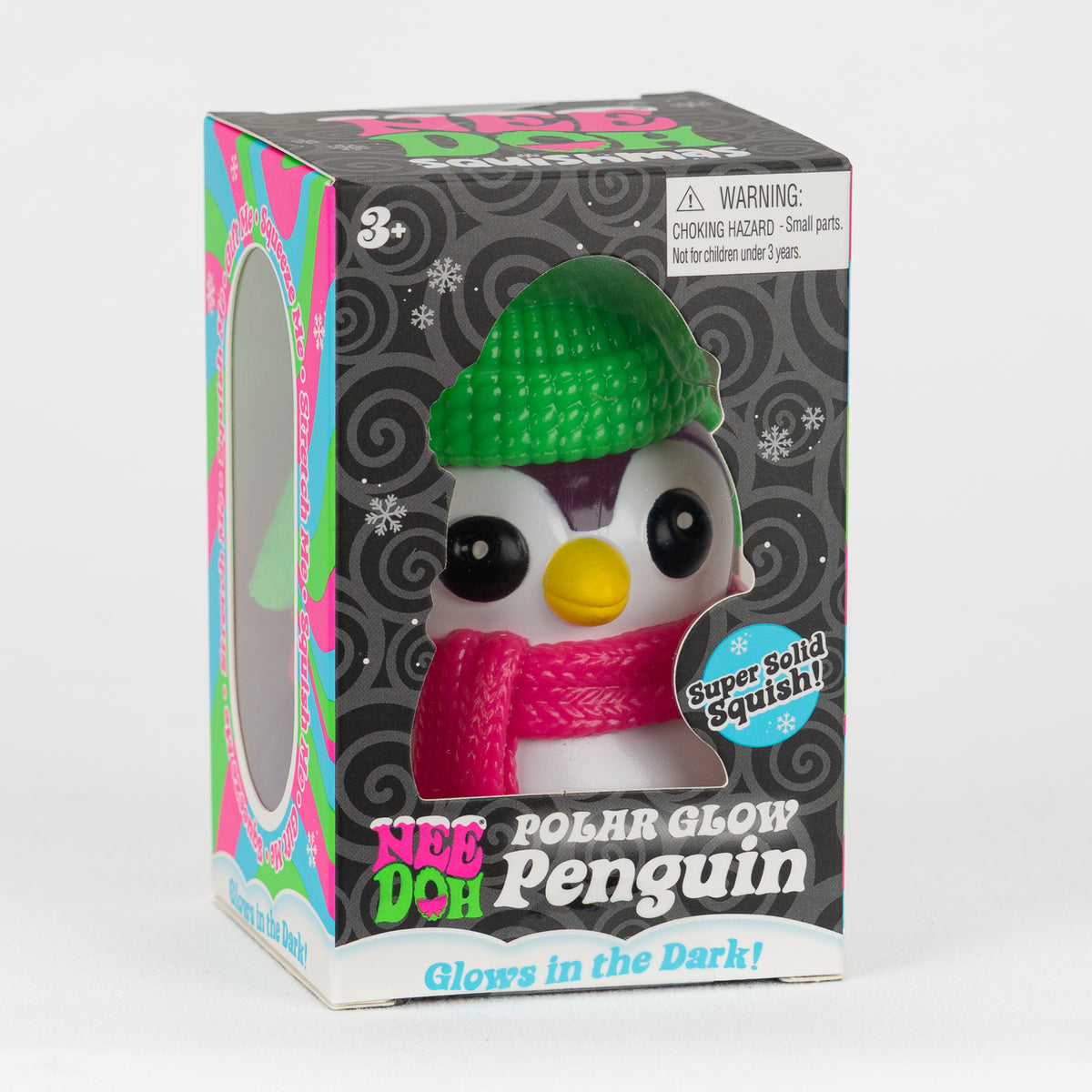 NeeDoh Polar Glow Penguin - Purple, angled front view of retail packaging.