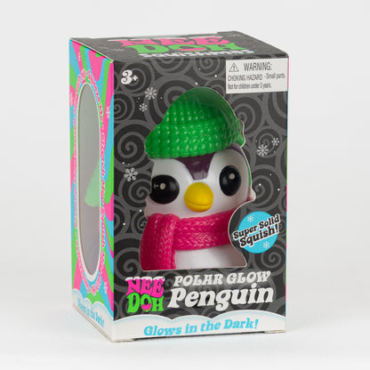 NeeDoh Polar Glow Penguin - Purple, angled front view of retail packaging.