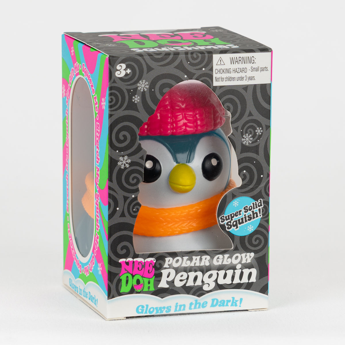 NeeDoh Polar Glow Penguin - Blue, angled front view of retail packaging.