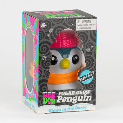 NeeDoh Polar Glow Penguin - Blue, angled front view of retail packaging.