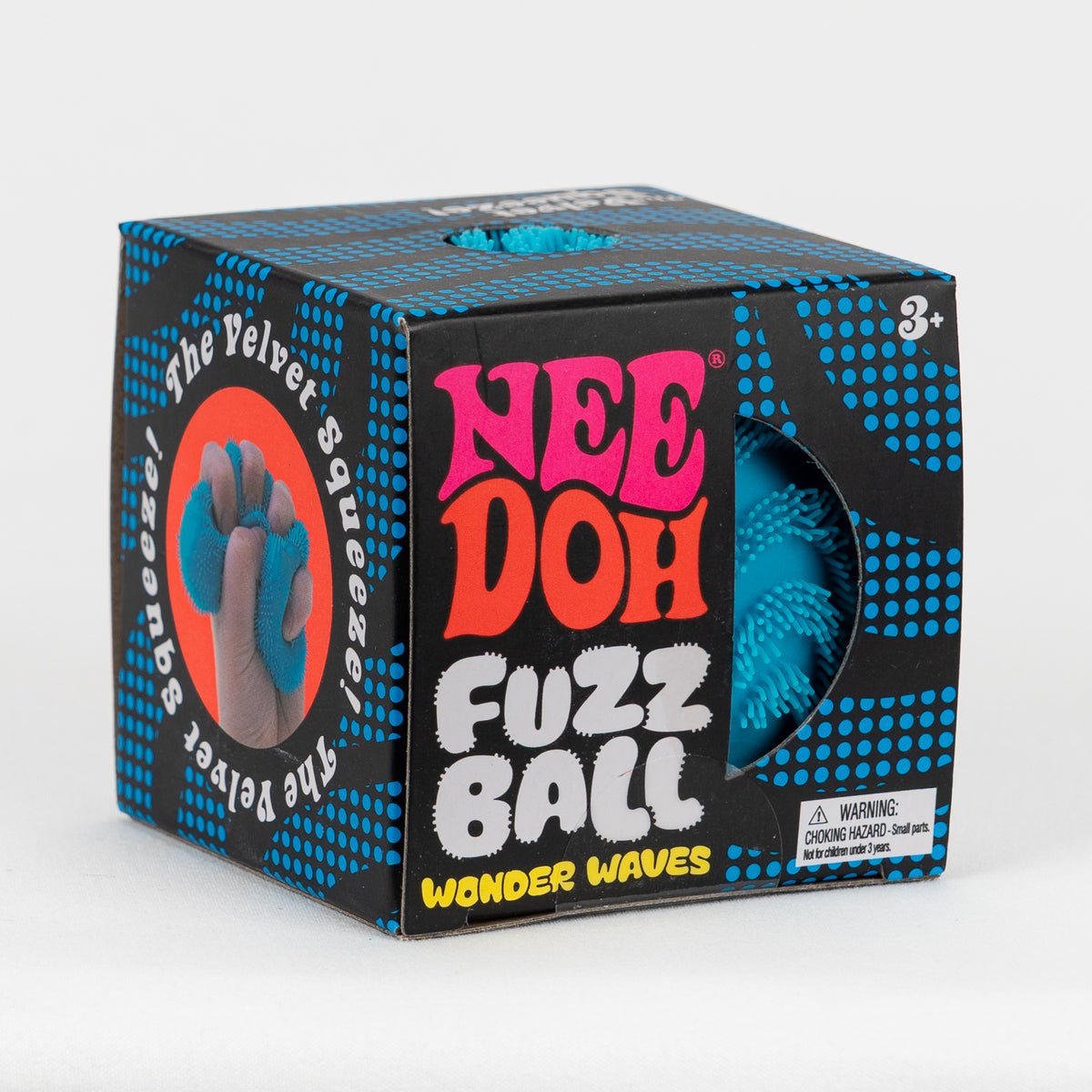 NeeDoh Fuzz Ball Wonder Waves - Blue, angled front view of retail packaging.