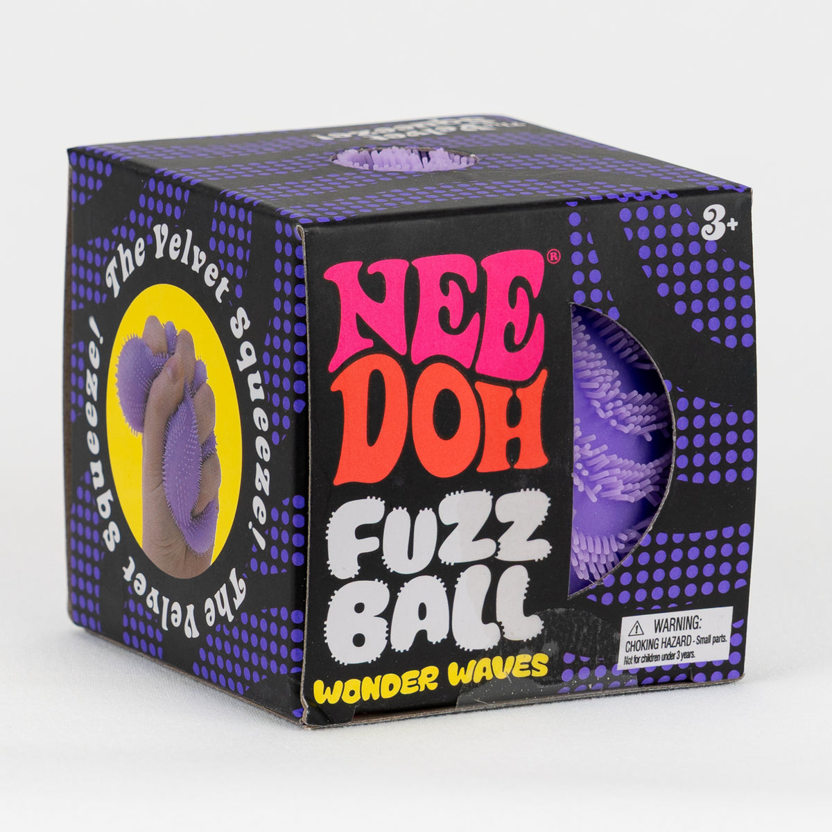 NeeDoh Fuzz Ball Wonder Waves - Purple, angled front view of retail packaging.