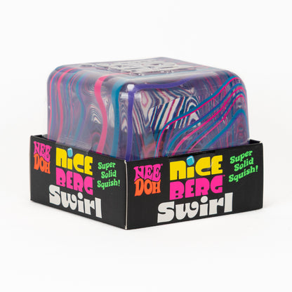 NeeDoh Nice Berg Swirl - Purple/Pink/Blue, angled front view of retail packaging.