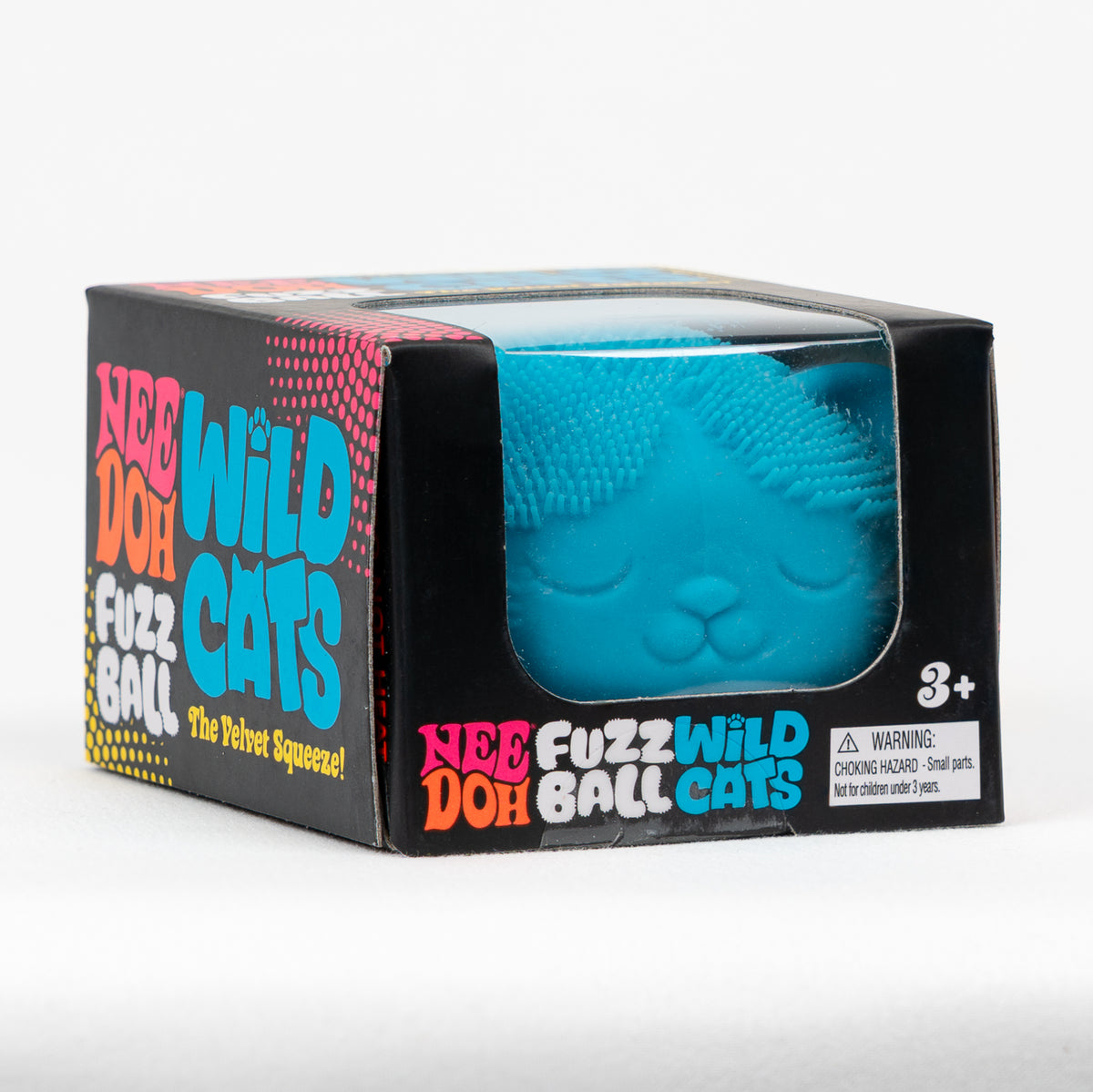 NeeDoh Fuzz Ball Wild Cats - Blue, angled front view of retail packaging.