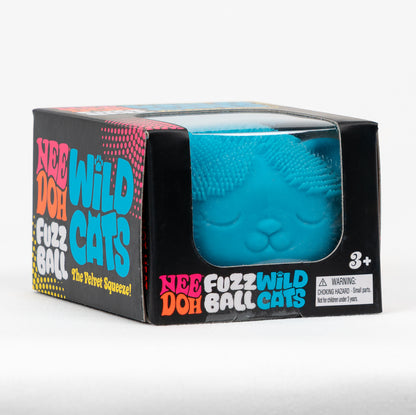 NeeDoh Fuzz Ball Wild Cats - Blue, angled front view of retail packaging.