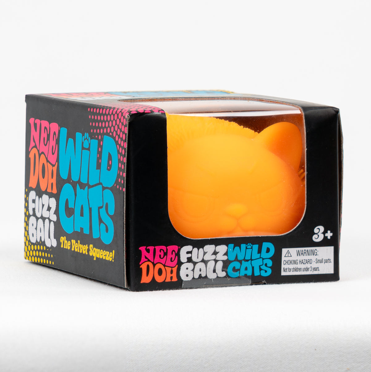 NeeDoh Fuzz Ball Wild Cats - Orange, angled front view of retail packaging.