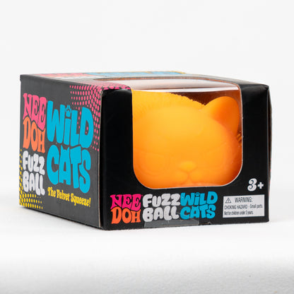 NeeDoh Fuzz Ball Wild Cats - Orange, angled front view of retail packaging.