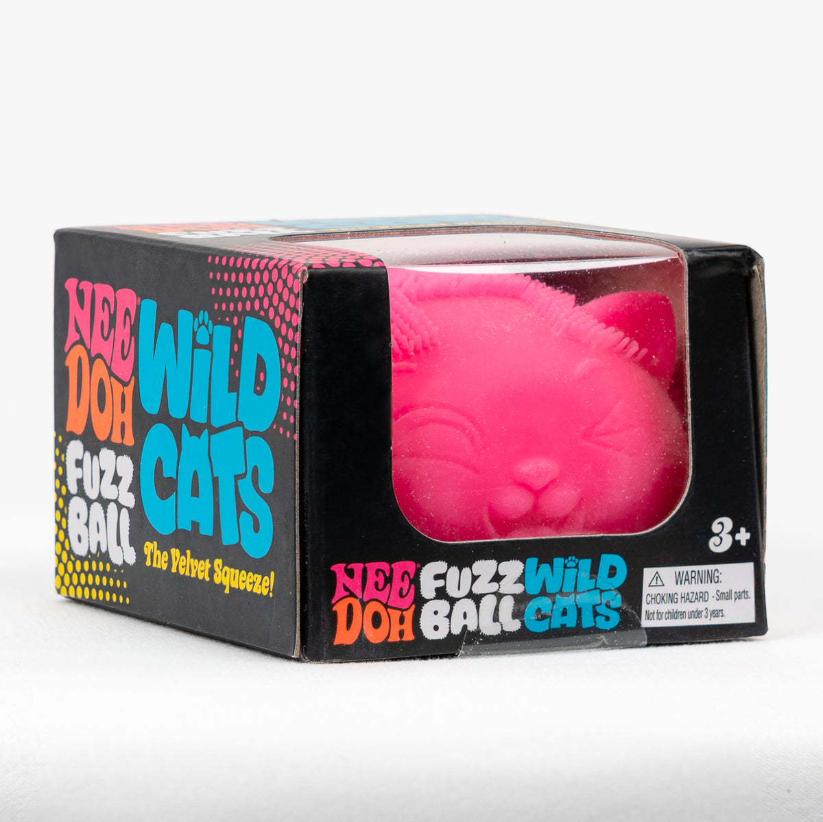 NeeDoh Fuzz Ball Wild Cats - Pink, angled front view of retail packaging.