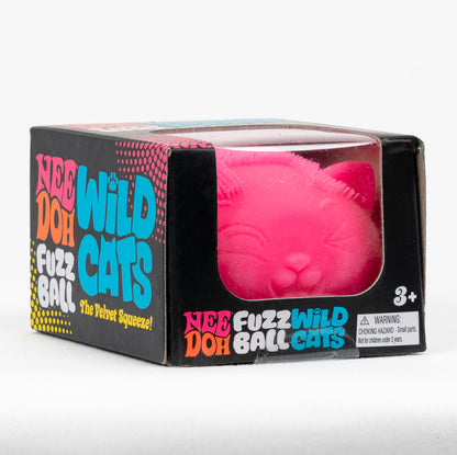 NeeDoh Fuzz Ball Wild Cats - Pink, angled front view of retail packaging.