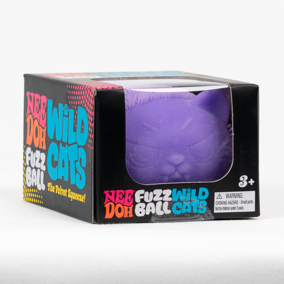 NeeDoh Fuzz Ball Wild Cats - Purple, angled front view of retail packaging.