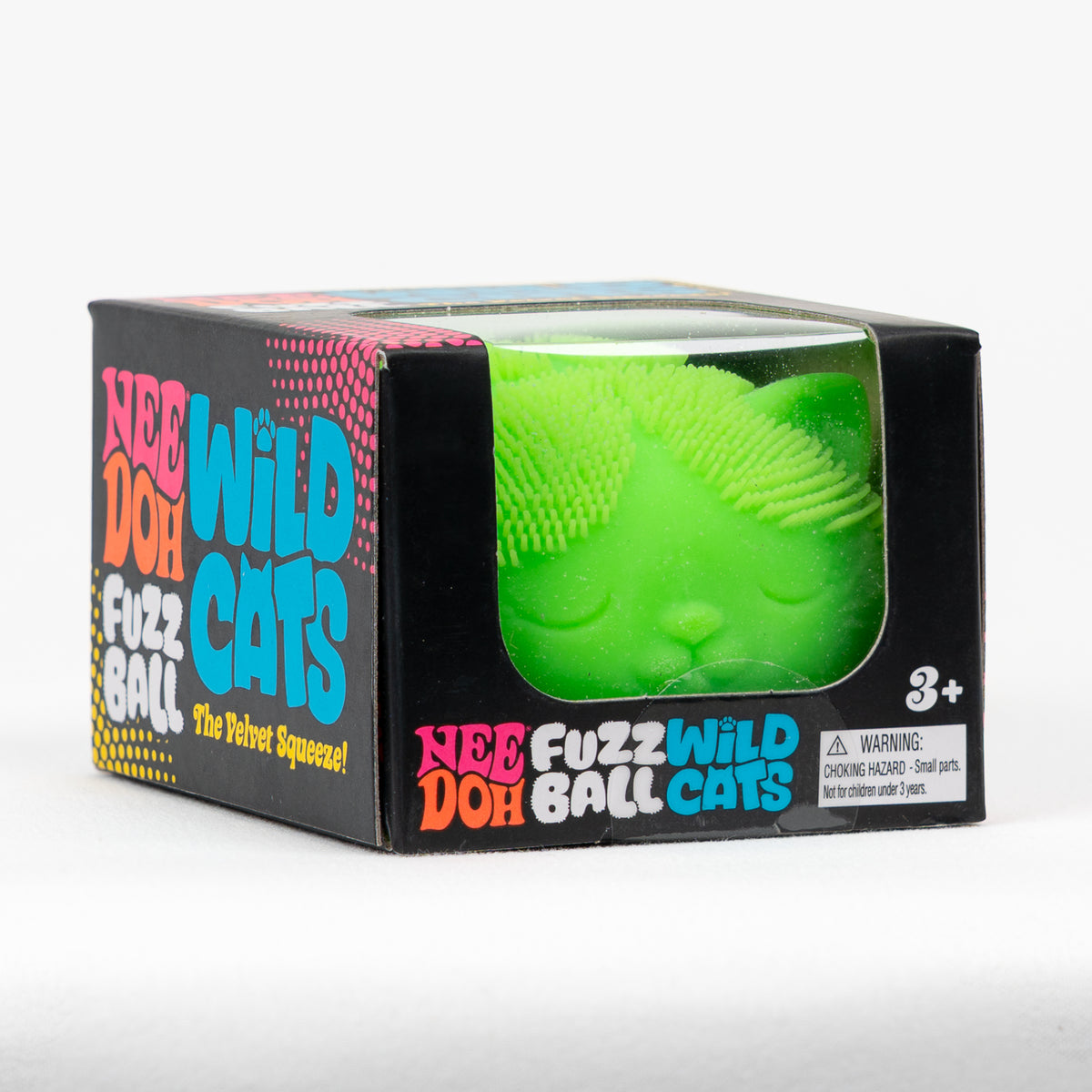 NeeDoh Fuzz Ball Wild Cats - Green, angled front view of retail packaging.