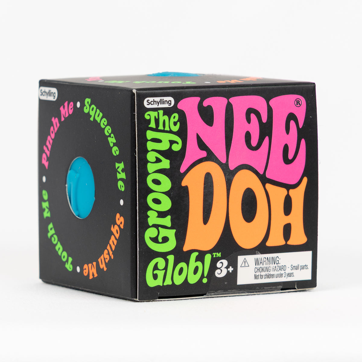 NeeDoh Groovy Glob Classic - Blue, angled front view of retail packaging.